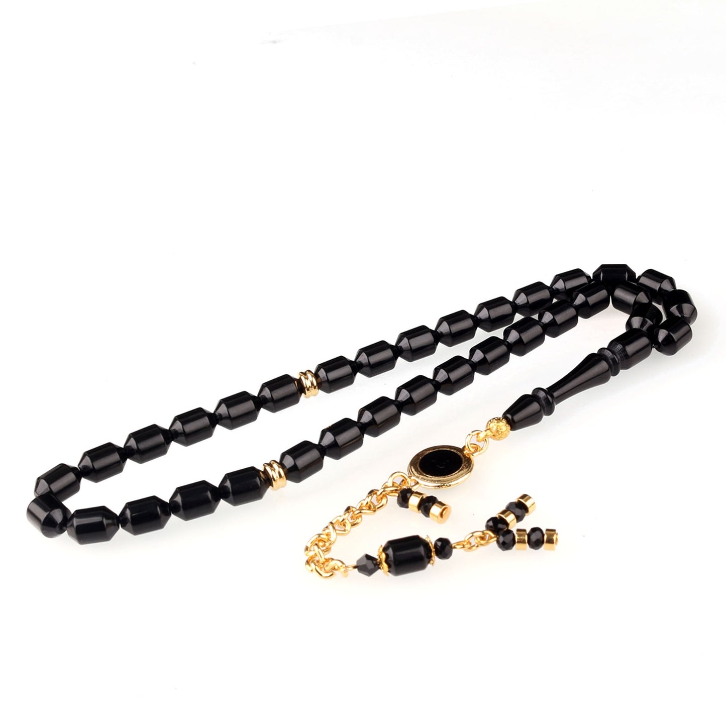 Ateş Kehribar Tesbih Siyah Kesme Taneli Metal Püsküllü