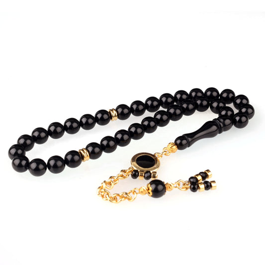 Ateş Kehribar Tesbih Siyah Yuvarlak Taneli Metal Püsküllü