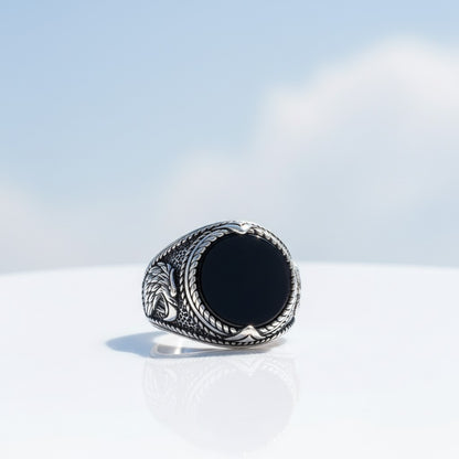 925 Sterling Silber Herrenring mit Onyx Stein und Adler Motiv