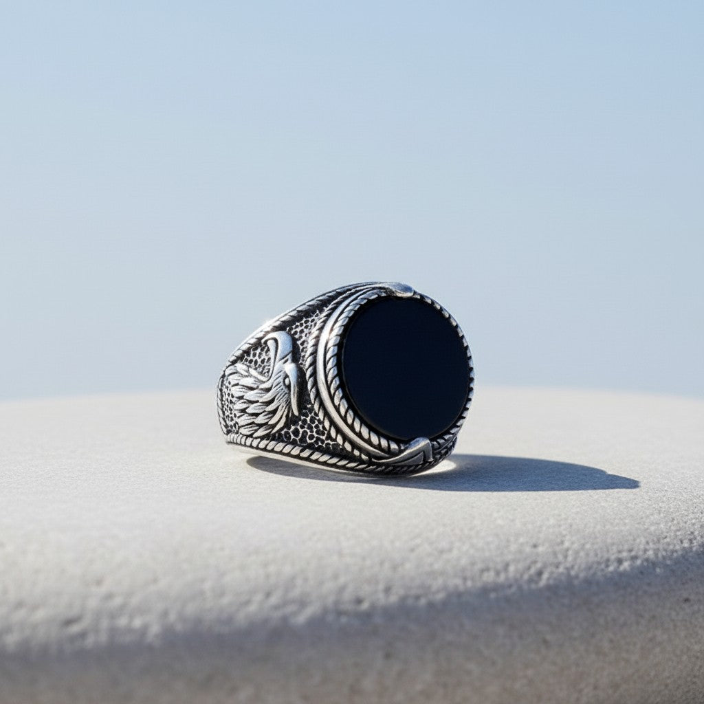 925 Sterling Silber Herrenring mit Onyx Stein und Adler Motiv