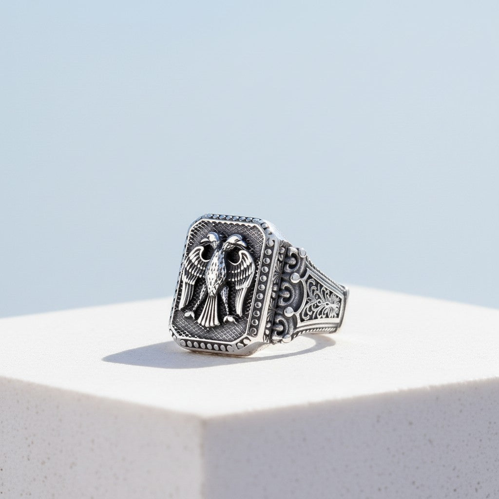 925 Sterling Silber Herrenring mit Seldschuken Adler Motiv