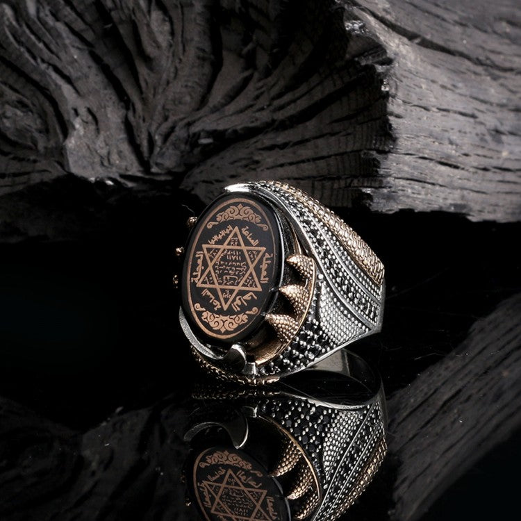 925 Ayar Gümüş Sıkma Kehribar Taşlı Hz. Süleyman Mührü Erkek Yüzük