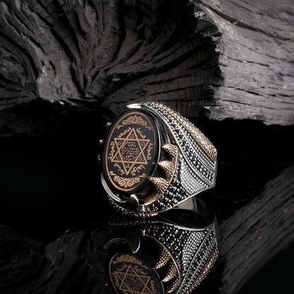 925 Ayar Gümüş Sıkma Kehribar Taşlı Hz. Süleyman Mührü Erkek Yüzük