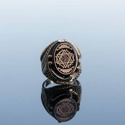 925 Ayar Gümüş Sıkma Kehribar Taşlı Hz. Süleyman Mührü Erkek Yüzük