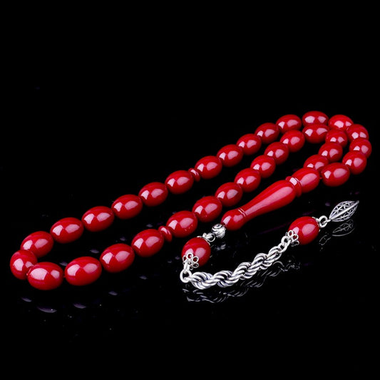 925 Ayar Gümüş Püsküllü Bordo Ateş Kehribar Tesbih