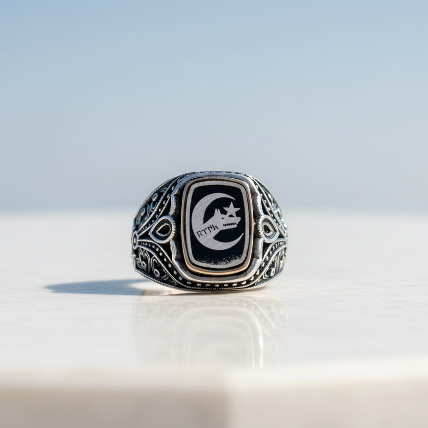 Grey Wolf Göktürkçe Motif 925 K Silver Ring
