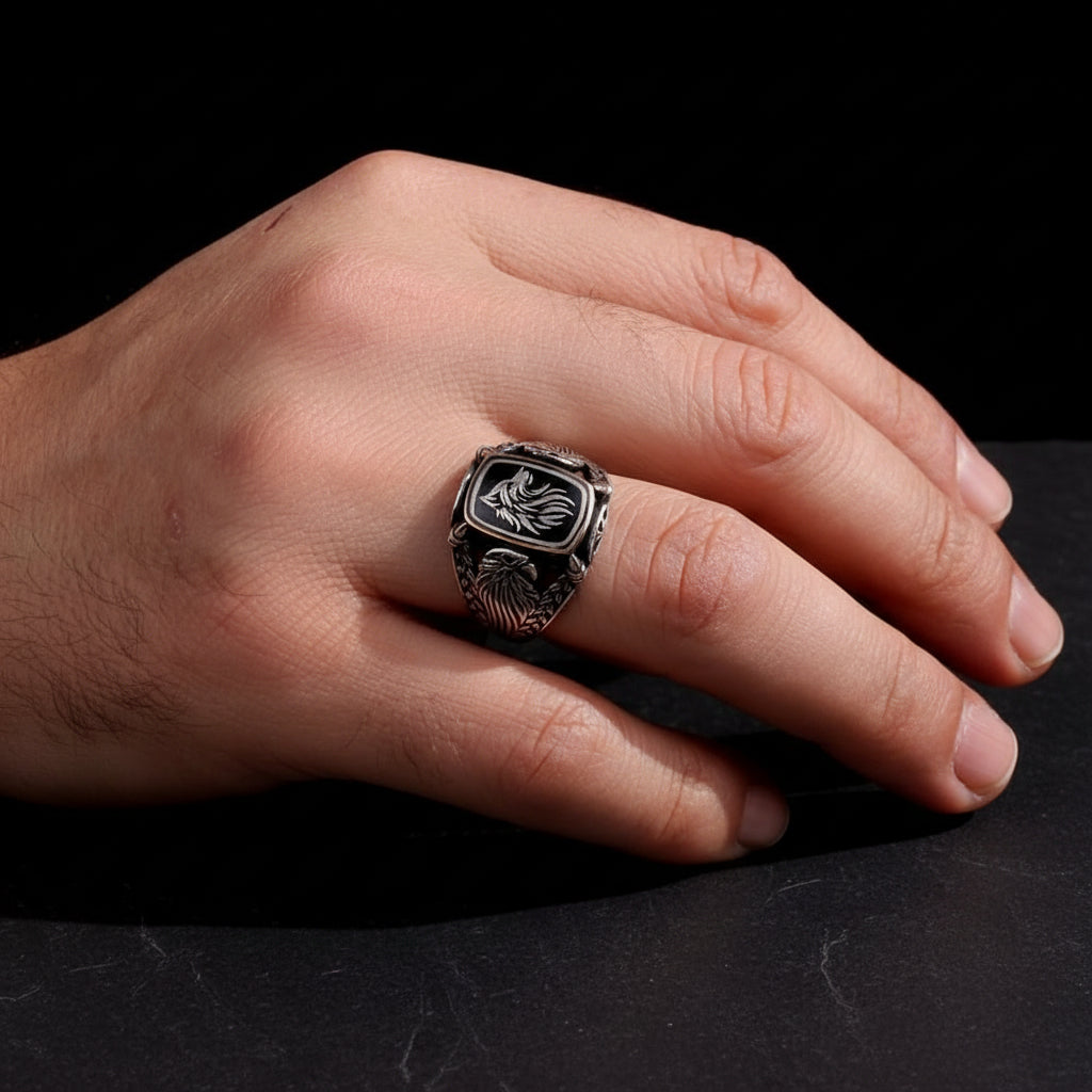 Men’s Silver Ring with Bozkurt and Eagle Details