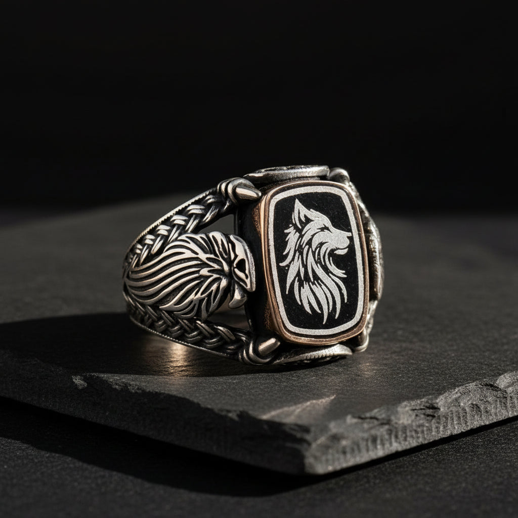 Men’s Silver Ring with Bozkurt and Eagle Details