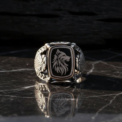 Men’s Silver Ring with Bozkurt and Eagle Details
