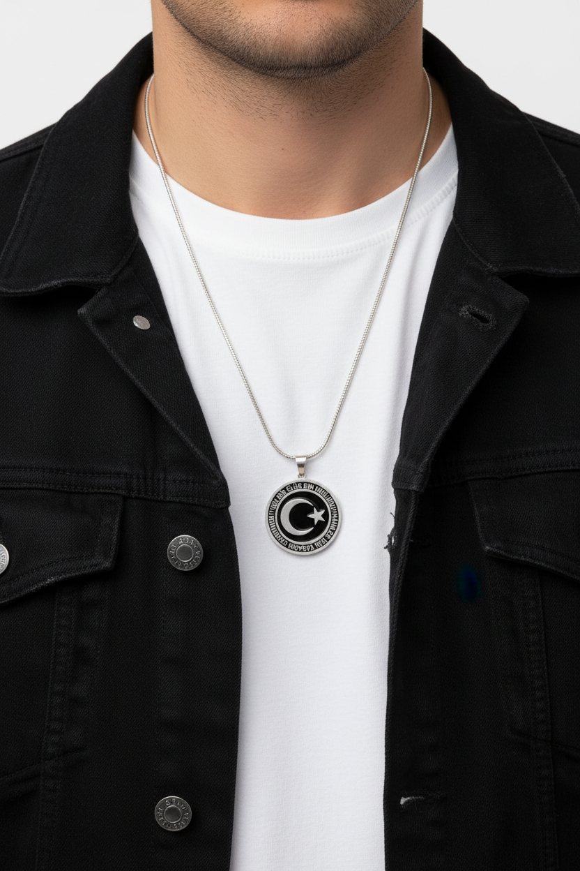 Collier Argent Croissant Étoile avec Inscription