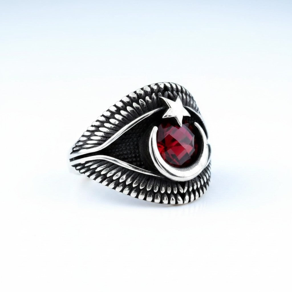 Red Stone Crescent Star Men’s Ring | 925 Sterling Silver