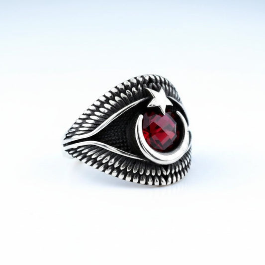 Herrenring mit Rotem Stein und Halbmond Stern | 925 Silber