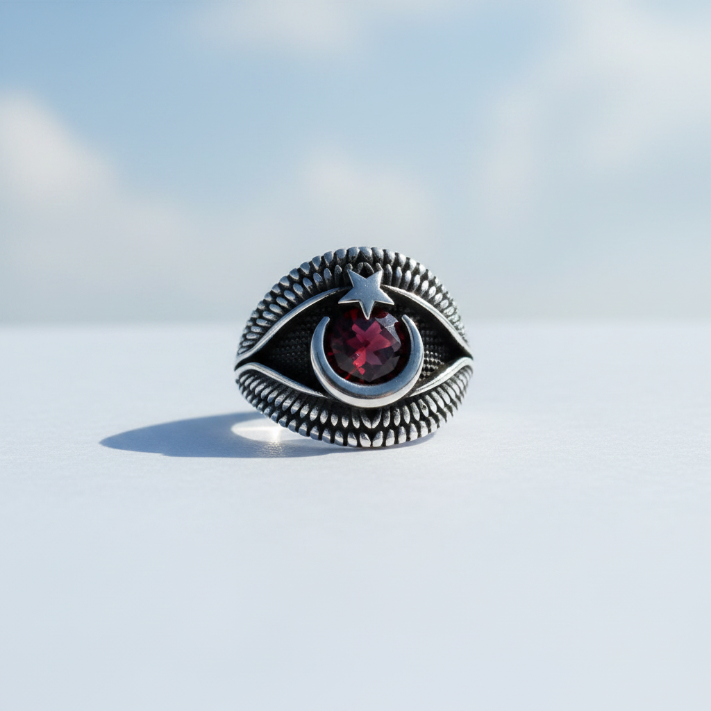 Red Stone Crescent Star Men’s Ring | 925 Sterling Silver
