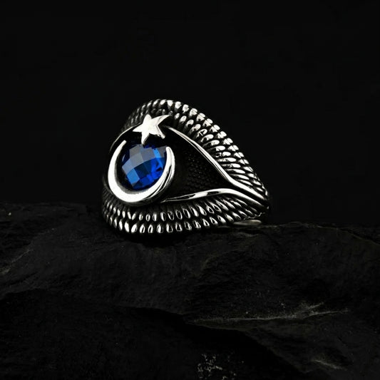 Herrenring mit Blauem Stein und Halbmond Stern | 925 Silber
