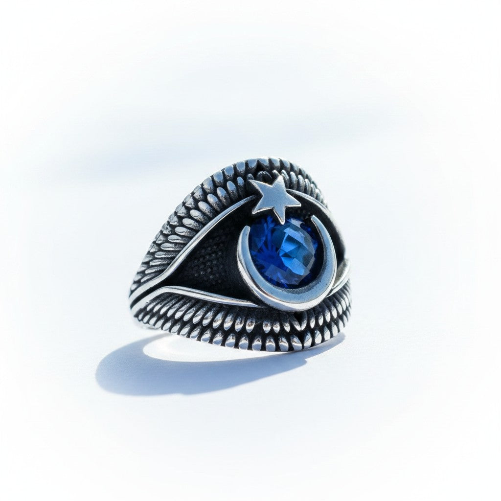 Blue Stone Crescent Star Men’s Ring | 925 Sterling Silver