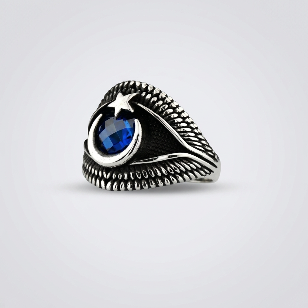 Blue Stone Crescent Star Men’s Ring | 925 Sterling Silver