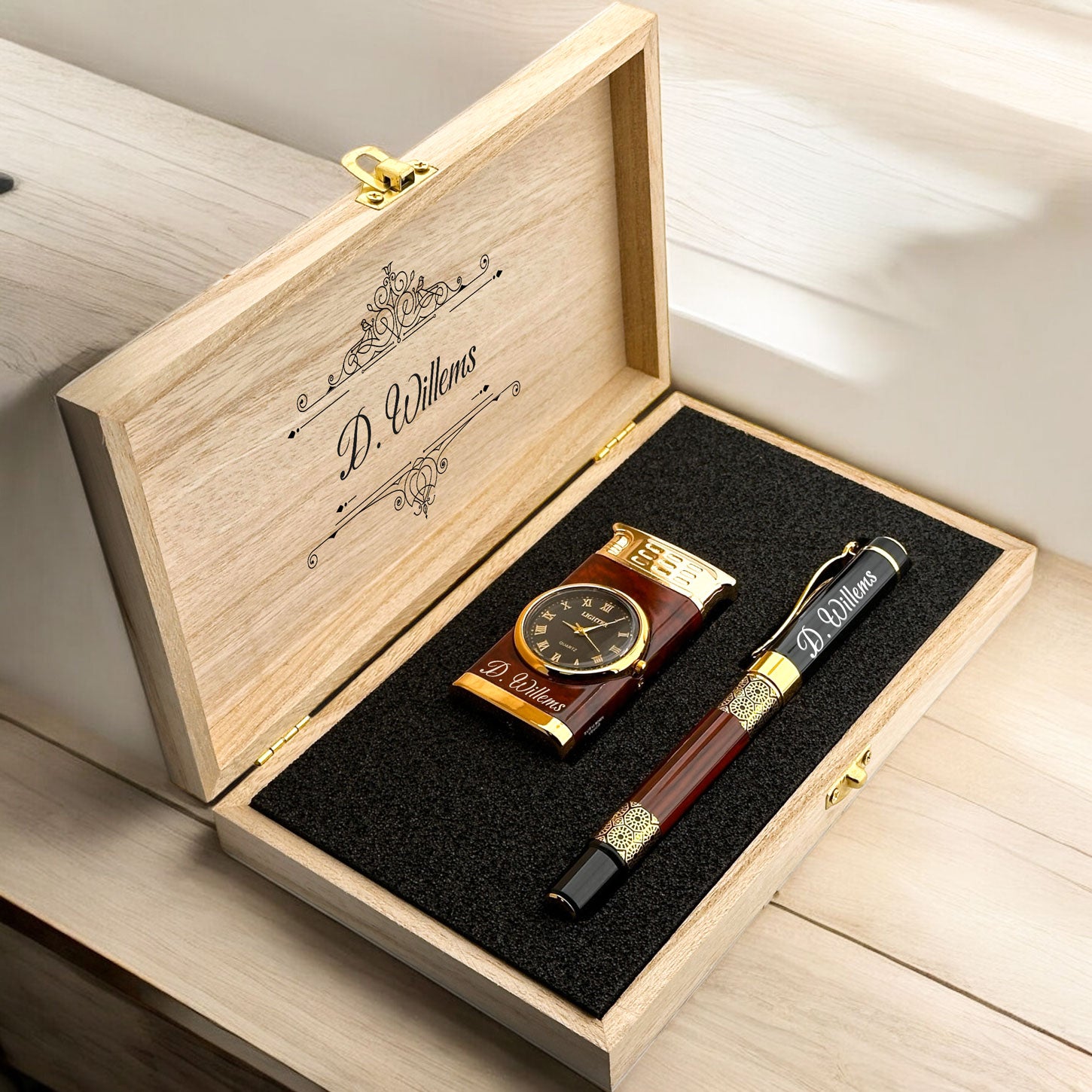 Personalisierter Rollerball-Stift und Uhr mit Feuerzeug Luxus-Geschenkset