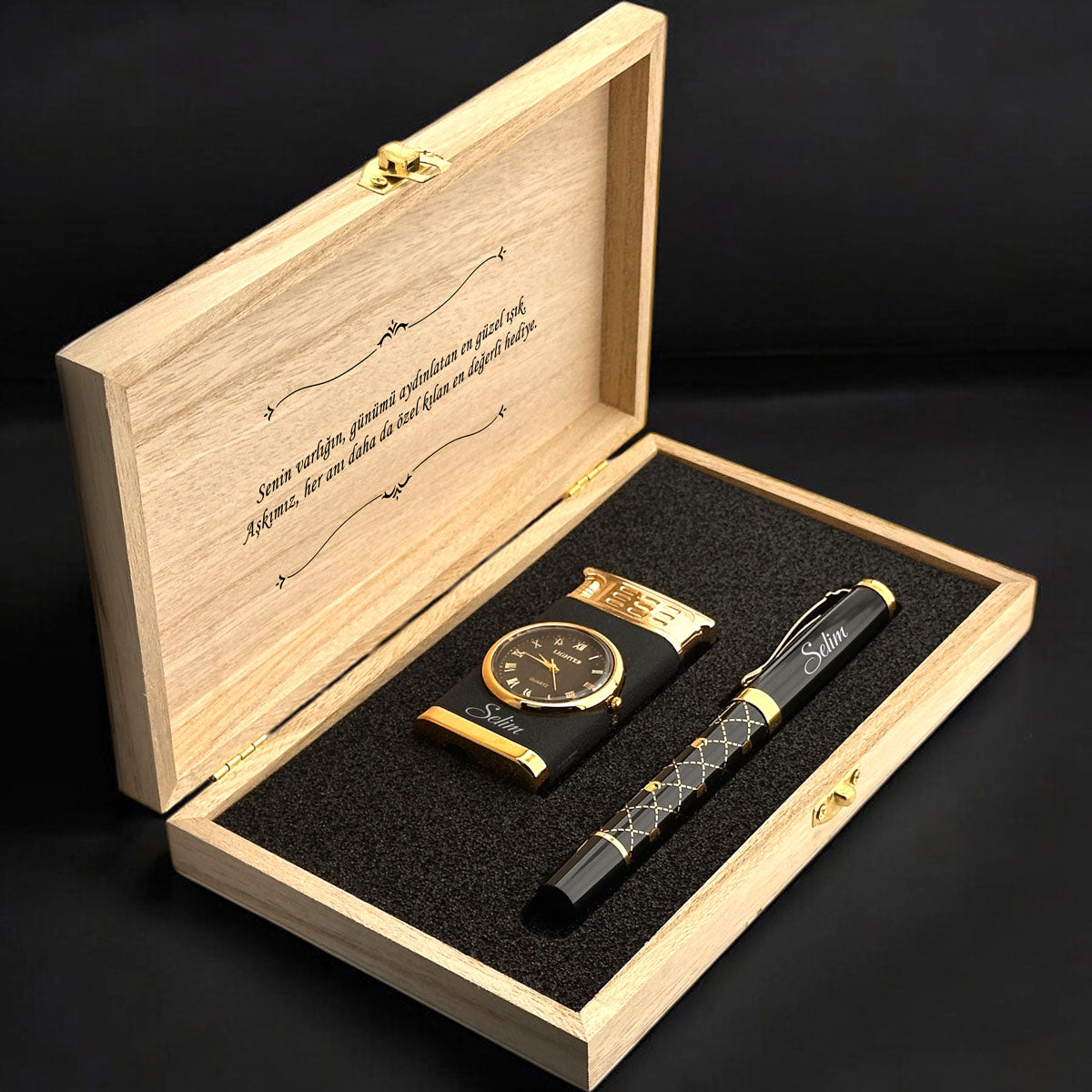 Personalisierte Gravierte Rollerball Stift und Uhr Feuerzeug Geschenkset
