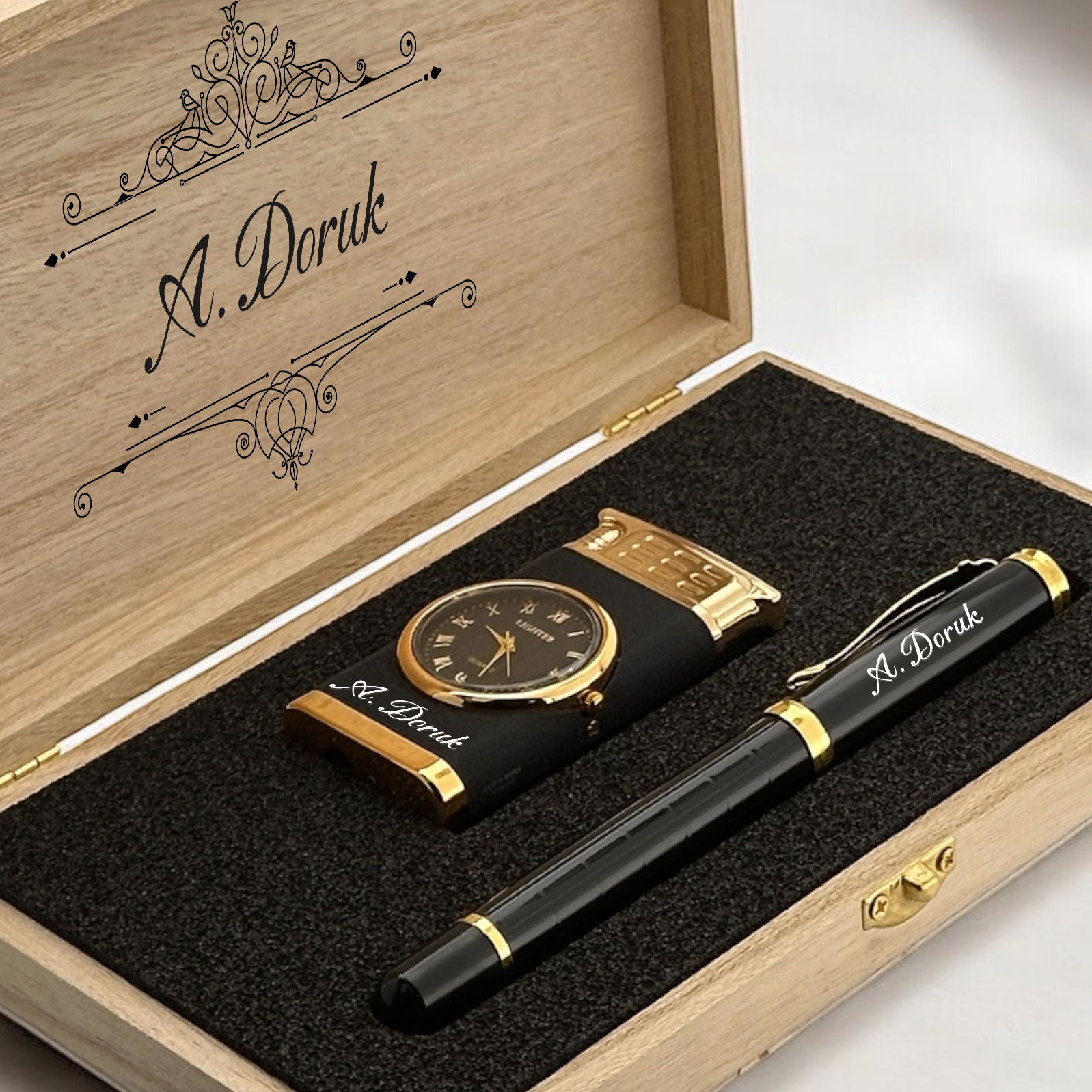 Personalized Name Written Roleler Pen and Clock Lighter Gift Set