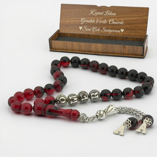 Personalisierte Ates Kehribar Tesbih | Feuer-Bernstein | Holzbox