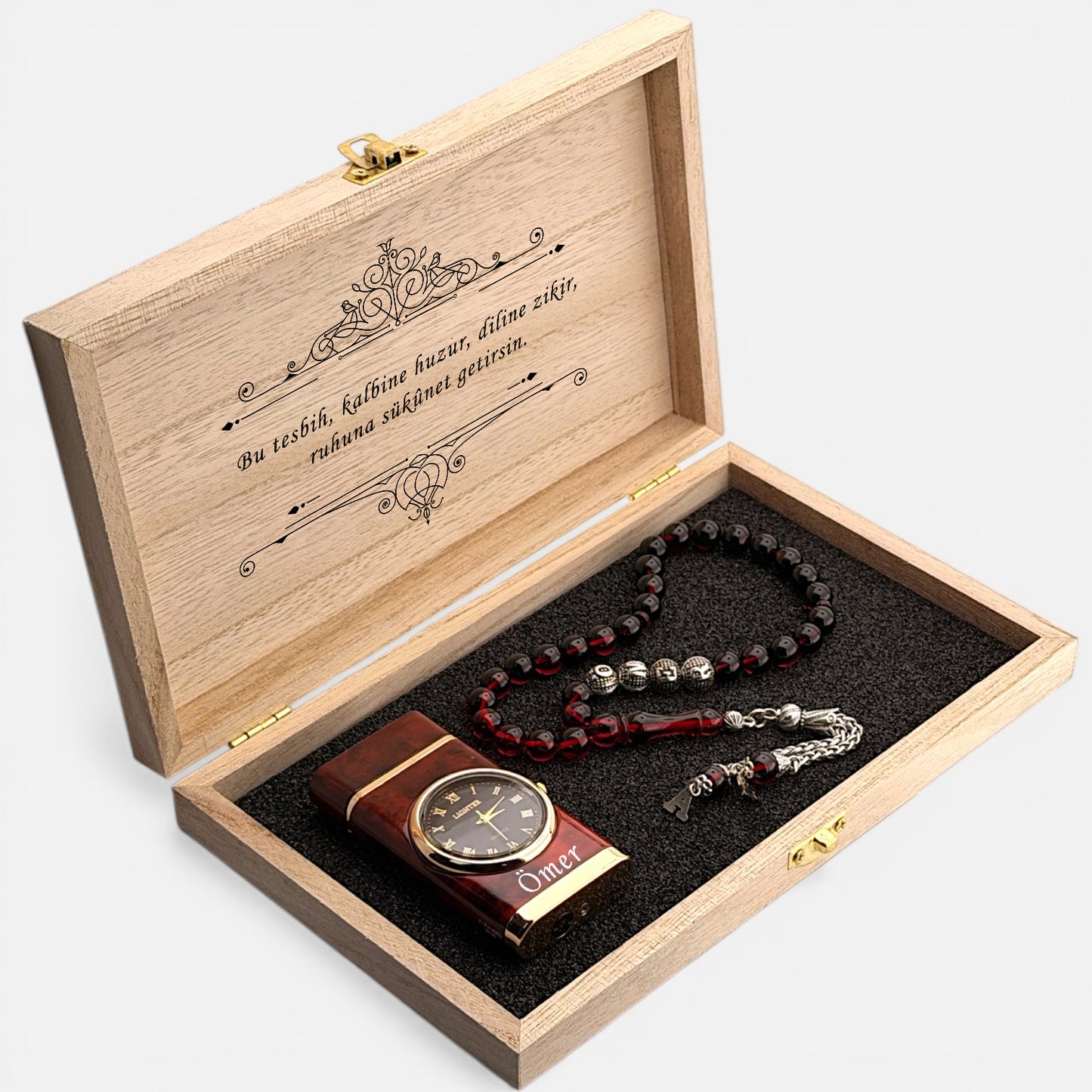 Kişiye Özel İsimli Tesbih & Saatli Çakmak Hediye Seti