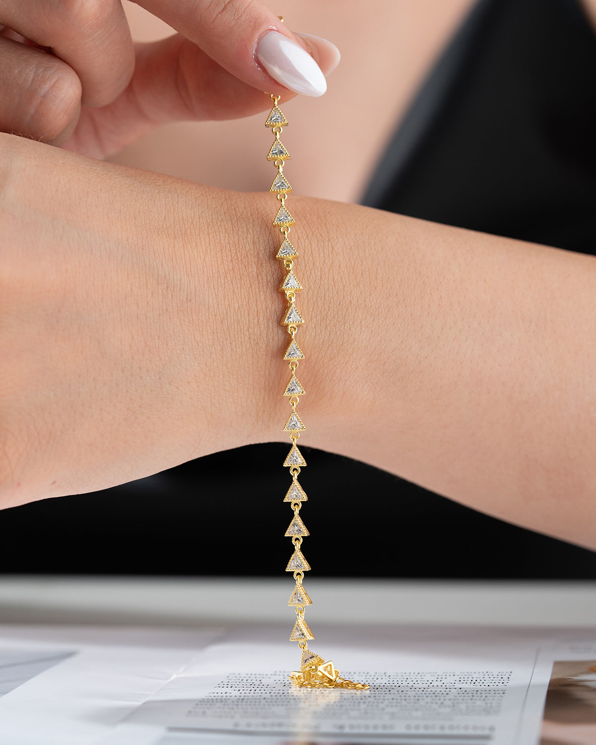 Triangular stone detail gold plated elegant bracelet