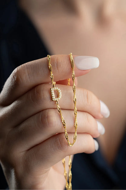 925 Sterling Silver Stone Letter Detailed Necklace