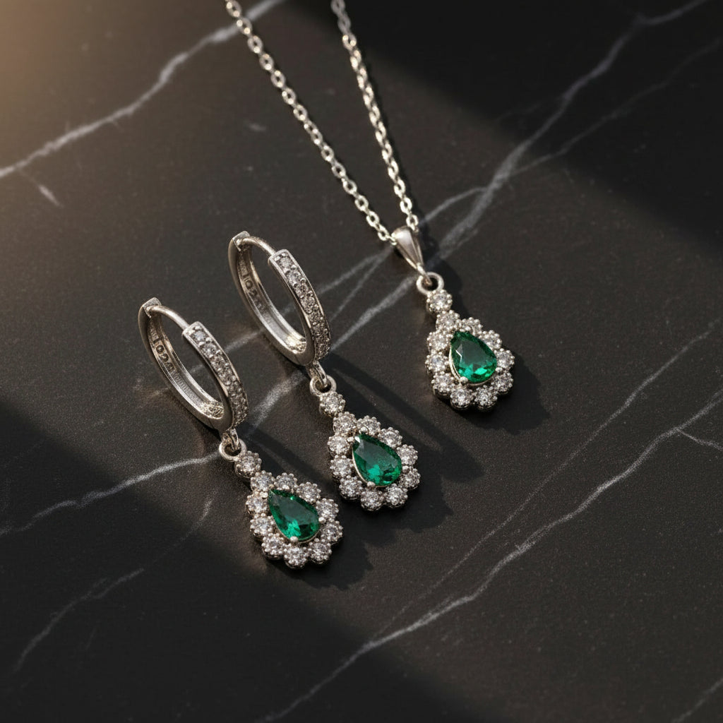 Emerald Sparkle 925 Sterling Silver Earrings & Necklace Set