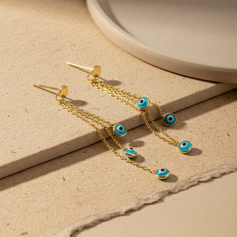 Sallantılı Nazar Küpe – 925 Ayar Gümüş – Blue Aura