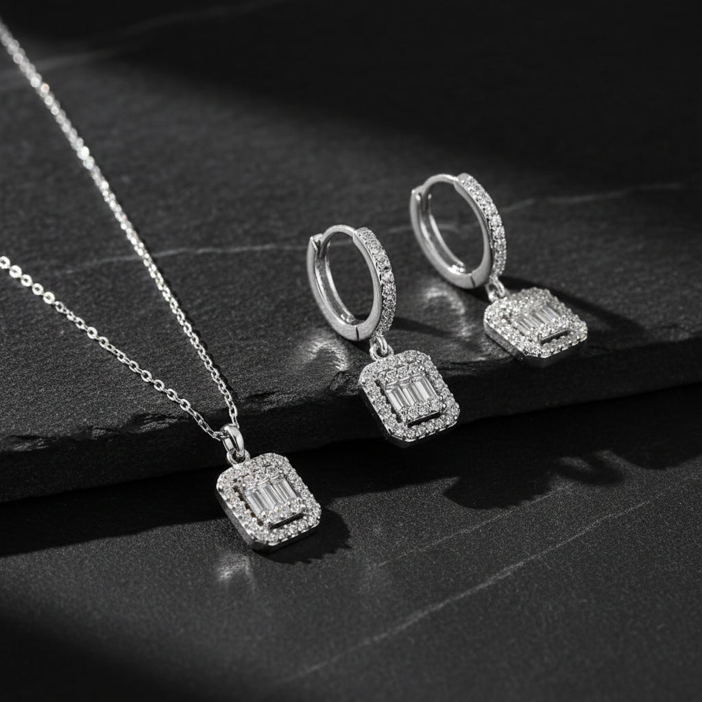925 Sterling Silver Baguette Necklace and Earring Set