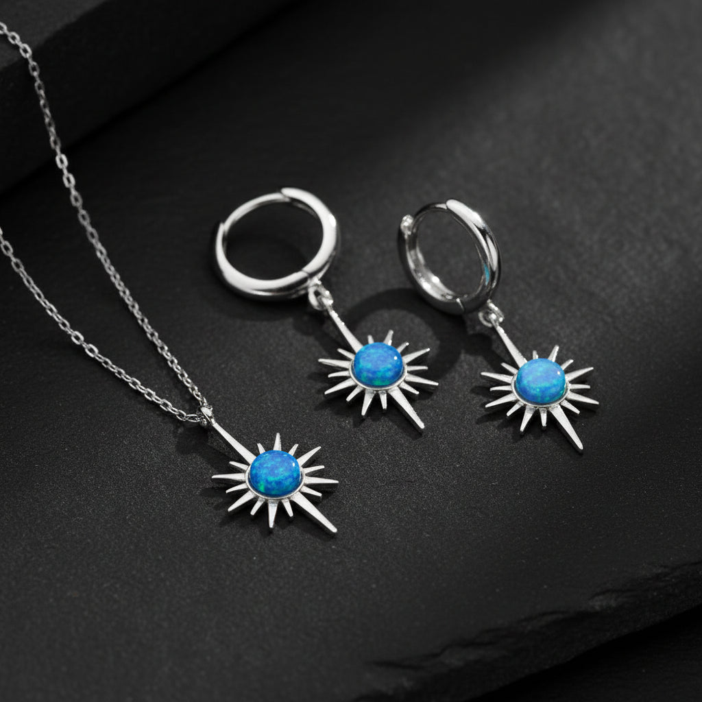 925 Sterling Silver Opal Star Necklace and Earring Set