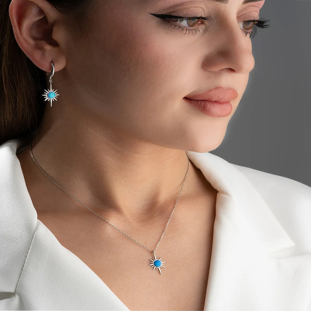 925 Sterling Silver Opal Star Necklace and Earring Set