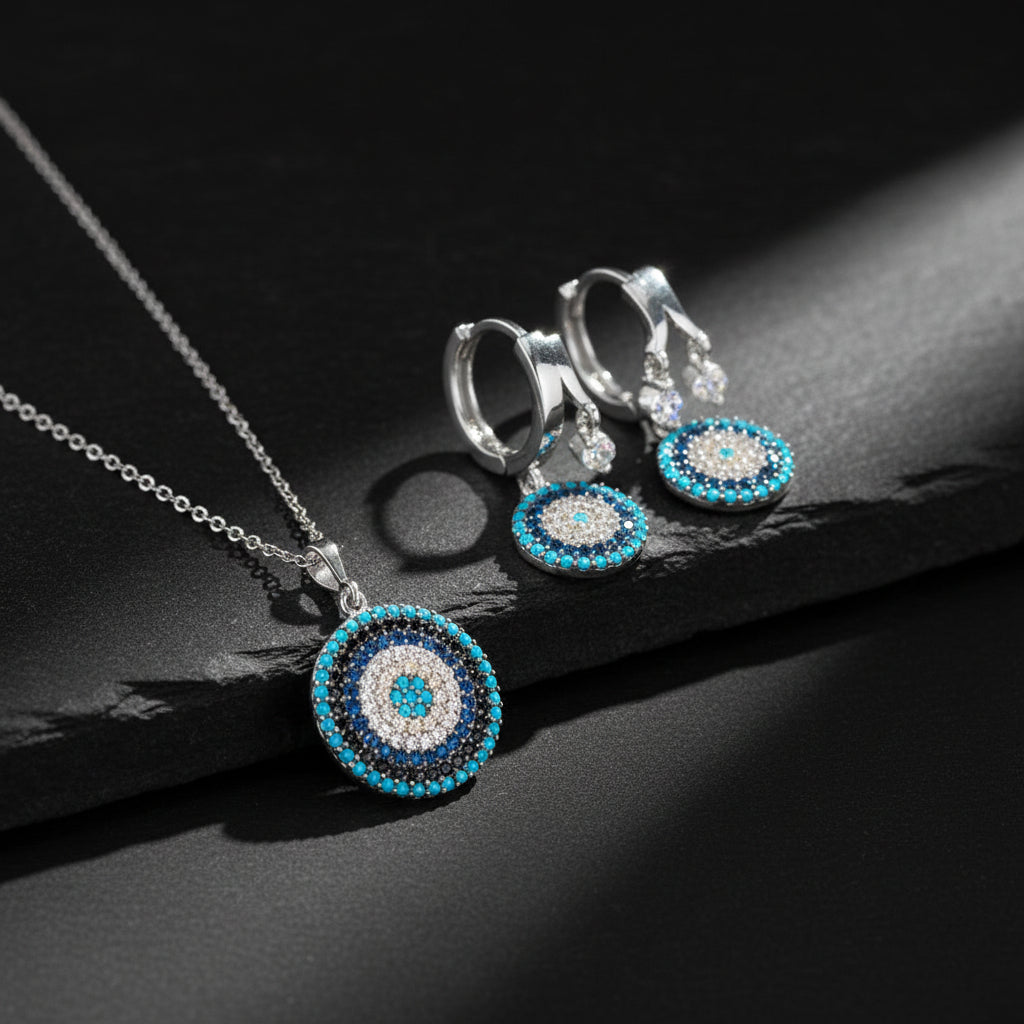 925 Sterling Silver Eye Eye Nazar Necklace Earrings Set