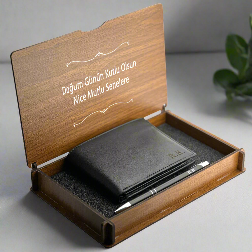 Personalized Leather Wallet & Pen Set