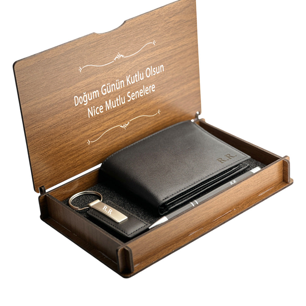 Personalized Leather Wallet keychain & Pen Gift Set