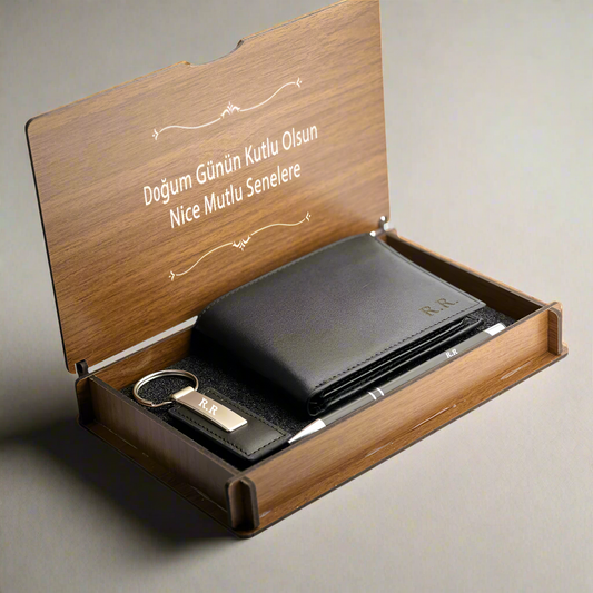 Personalized Leather Wallet keychain & Pen Gift Set