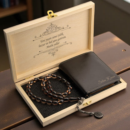 Deri Cüzdan & Özel Kehribar Tesbih Hediye Seti