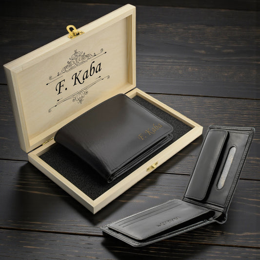 Kişiye Özel Siyah Deri Cüzdan & Not Yazılı Ahşap Kutu