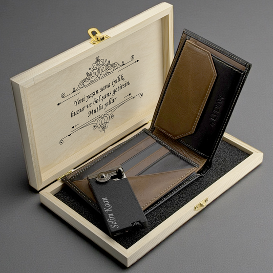 Kişiye Özel Deri Cüzdan & Metal Çakmak Hediye Seti