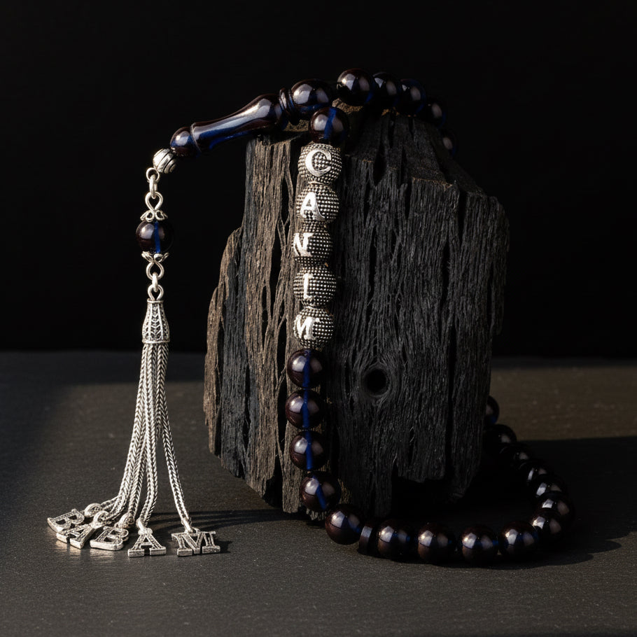 My dear father written dark blue fire amber rosary - 925 sterling silver