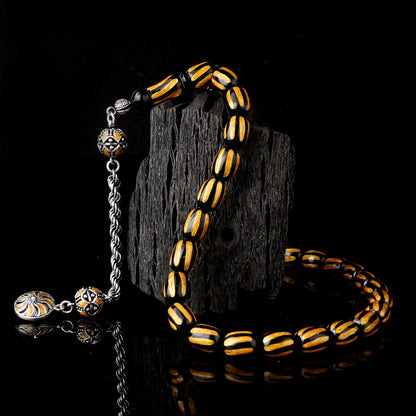 925 Ayar Gümüş Püsküllü Mineli Ateş Kehribar Tesbih-4