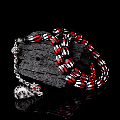 925 Ayar Gümüş Püsküllü Mineli Ateş Kehribar Tesbih-5