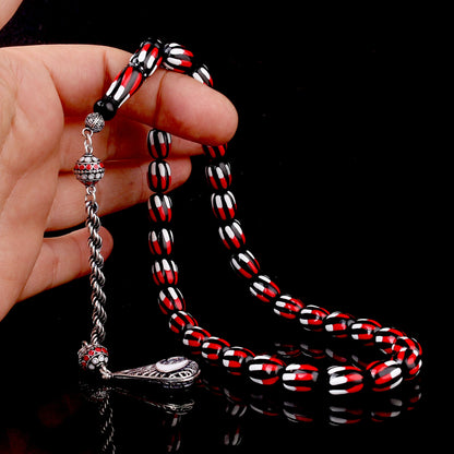 925 Ayar Gümüş Püsküllü Mineli Ateş Kehribar Tesbih-5