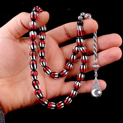 925 Ayar Gümüş Püsküllü Mineli Ateş Kehribar Tesbih-5