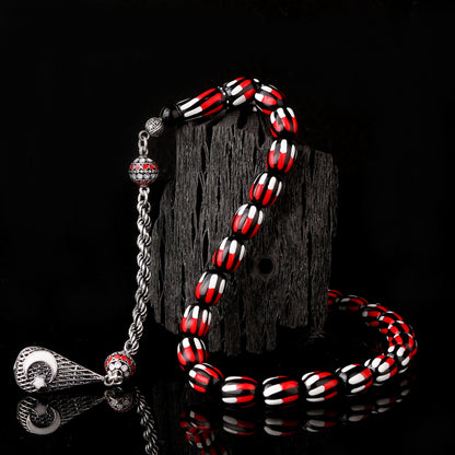 925 Ayar Gümüş Püsküllü Mineli Ateş Kehribar Tesbih-5