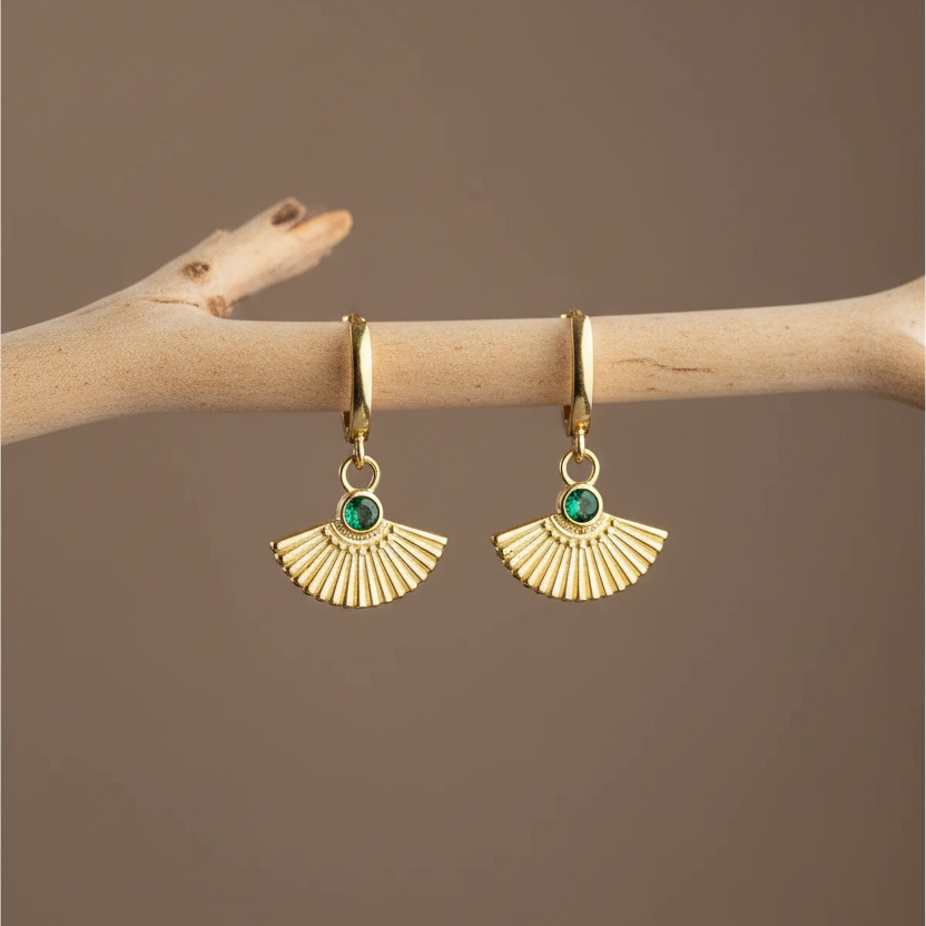 925 Setting Gold Plated Emerald Stone Langer Earrings