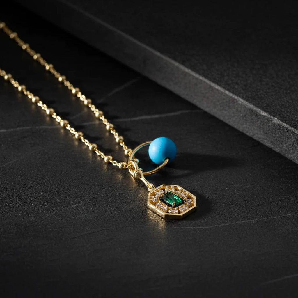 925 Sterling Silver Green Baguette Stone Lucky Necklace