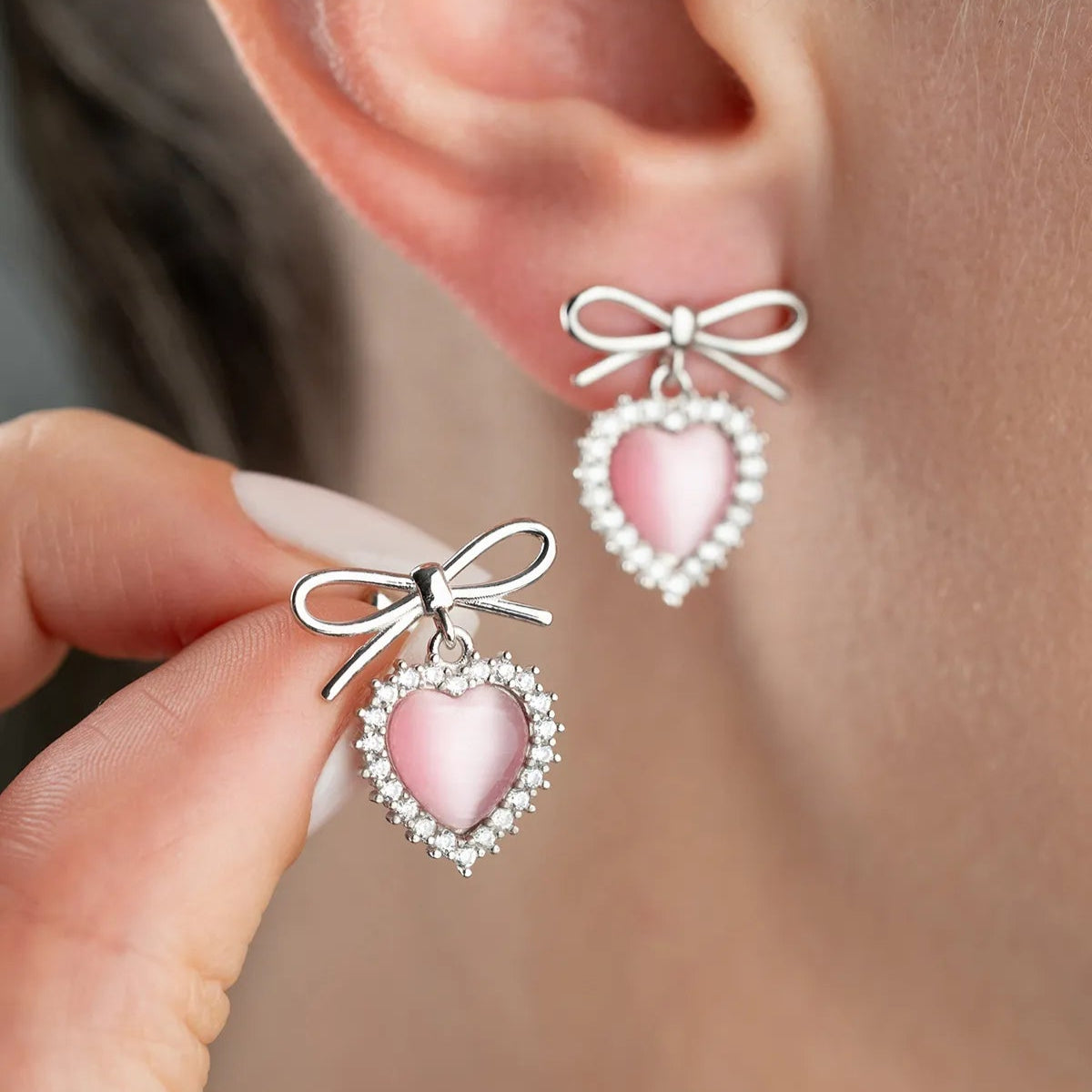 925 boucles d'oreilles de coeur rose archeur en argent sterling