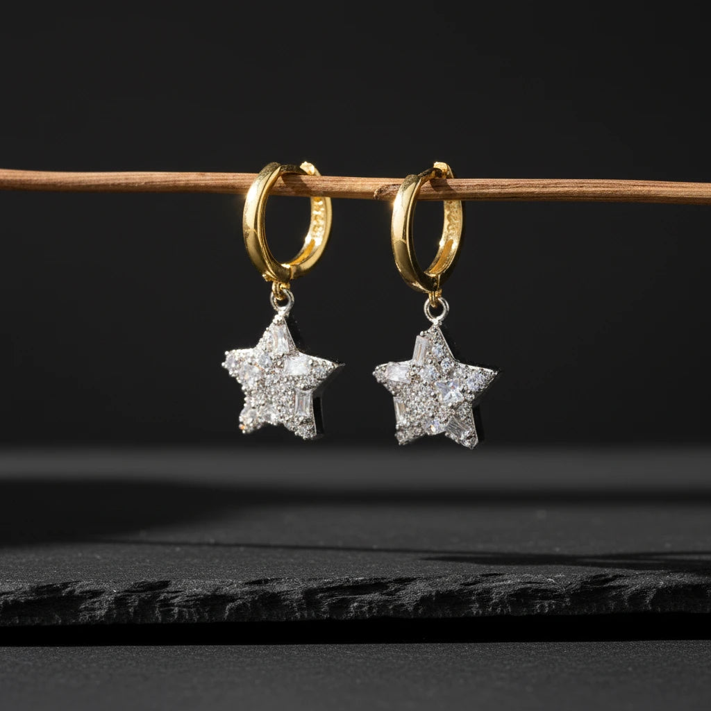 925 Sterling Silver Baguette Stone Star Earrings
