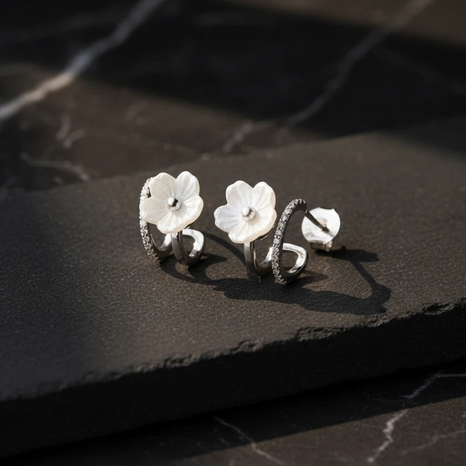 925 Sterling Silver Mother of Pearl Stone Flower Earrings